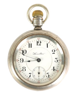 Lot 220 - AN AMERICAN HAMILTON SILVER OPEN FACED POCKET WATCH