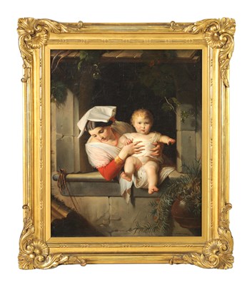Lot 1030 - GUISEPPE MAZZOLINI (1806 - 1876) A 19TH CENTURY OIL ON CANVAS MOTHER AND CHILD