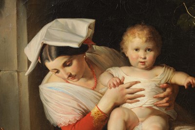 Lot 1030 - GUISEPPE MAZZOLINI (1806 - 1876) A 19TH CENTURY OIL ON CANVAS MOTHER AND CHILD