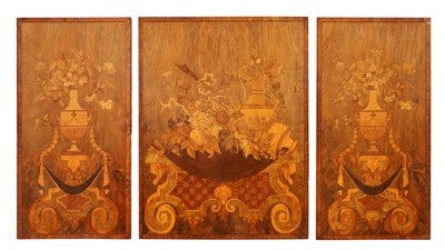 Lot 934 - A SET OF THREE LATE 18TH/EARLY 19TH CENTURY ENGLISH WALNUT AND MARQUETRY PANLES