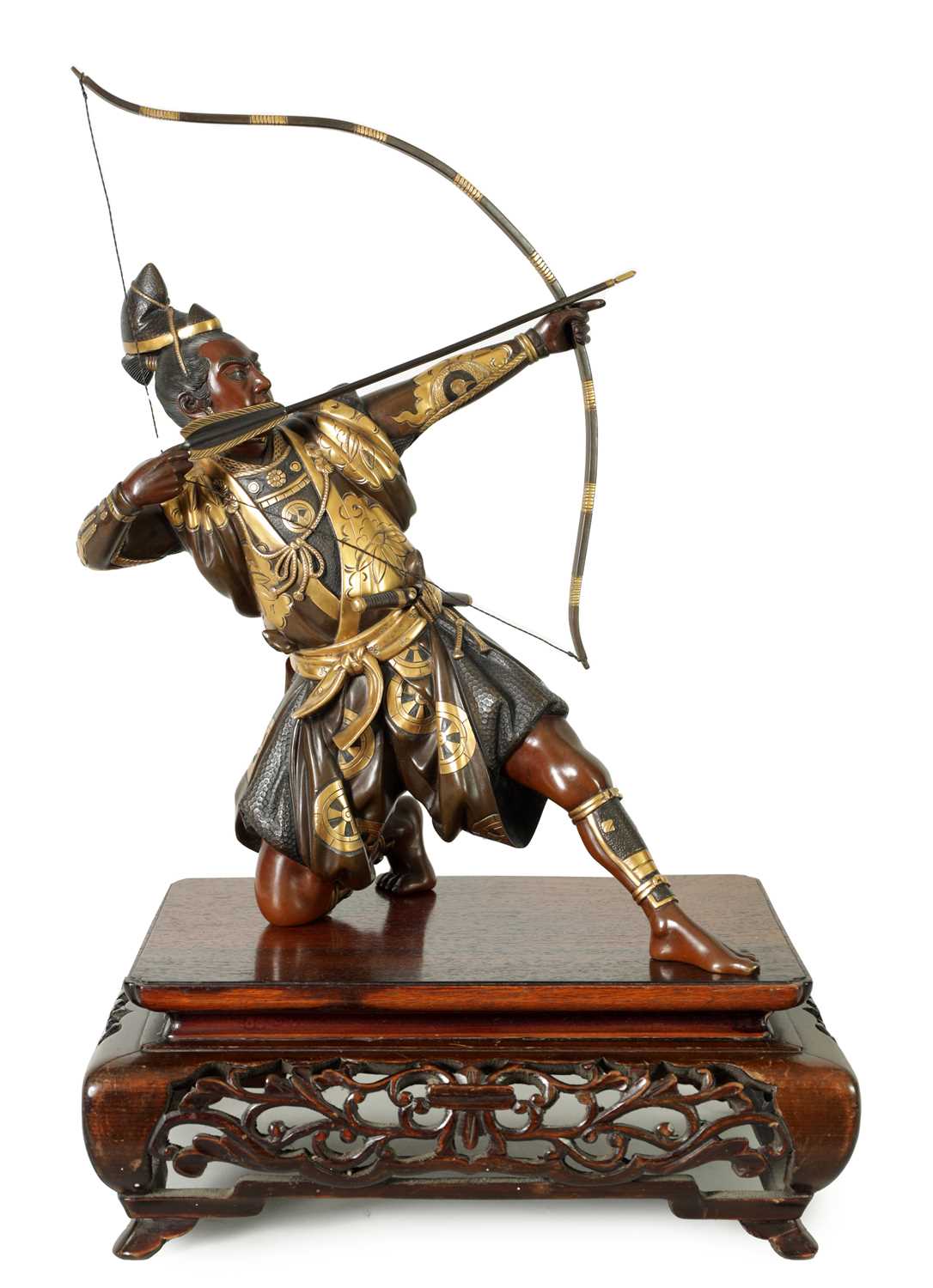 Lot 229 - A FINE LATE 19TH CENTURY JAPANESE MEIJI PERIOD BRONZE AND MIXED METAL SAMURAI ARCHER OF LARGE SIZE