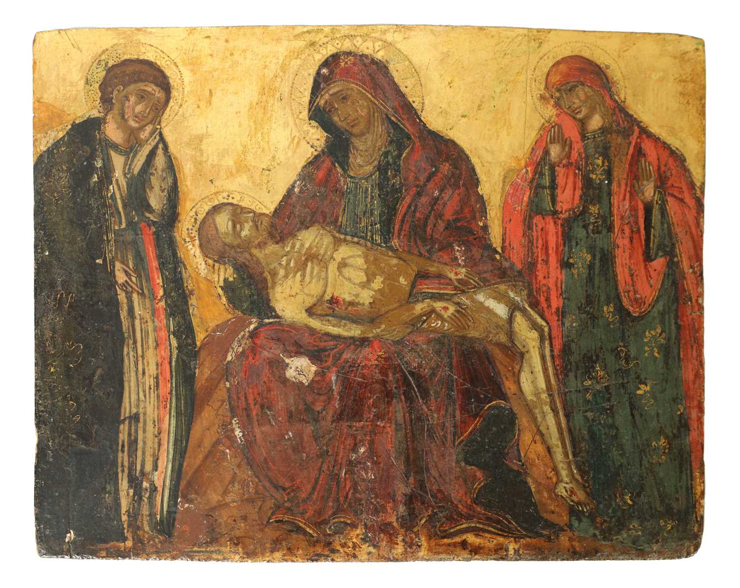 Lot 969 - A 19TH CENTURY GREEK SCHOOL LAMENTATION ICON OIL ON PANEL