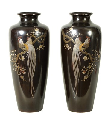 Lot 286 - A PAIR OF JAPANESE LATE 19TH CENTURY MEIJI BRONZE SLENDER TAPERING SHOULDERED VASES