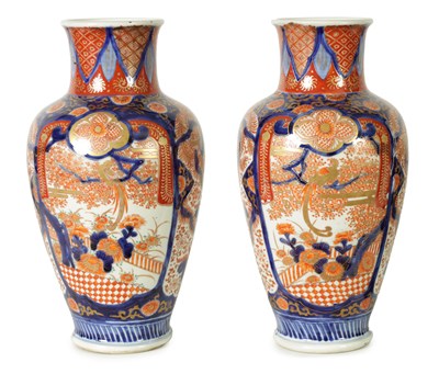 Lot 302 - A GOOD LARGE PAIR OF 19TH CENTURY IMARI TAPERING SHOULDERED VASES