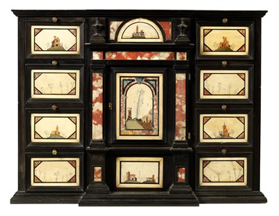 Lot 1432 - A GOOD 18TH CENTURY ITALIAN PIETRA DURA INLAID EBONISED TABLE CABINET