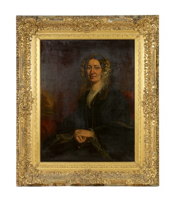 Lot 1055 - A 19TH CENTURY OIL ON CANVAS HALF LENGTH PORTRAIT OF A LADY