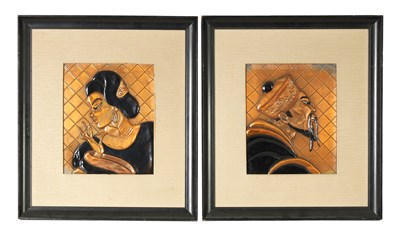 Lot 964 - A PAIR OF 20TH CENTURY JAPANESQUE EMBOSSED COPPER AND ENAMEL WALL PLAQUES