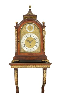 Lot 1152 - ROBERT CHASSEREAU, LONDON. A REGENCY ORMOLU MOUNTED MAHOGANY QUARTER CHIMING BRACKET CLOCK WITH BRACKET