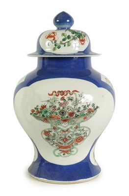 Lot 171 - A 19TH CENTURY CHINESE POWDER BLUE GROUND FAMILLE VERTE VASE AND COVER