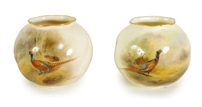 Lot 92 - A MATCHED PAIR OF ROYAL WORCESTER GLOBULAR VASES BY JAMES STINTON