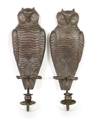 Lot 442 - A PAIR OF ARTS AND CRAFTS COPPER WALL LIGHTS FORMED AS OWLS