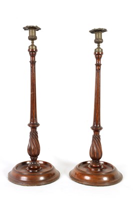 Lot 866 - A LARGE PAIR OF LATE 19TH CENTURY TURNED MAHOGANY CANDLESTICKS