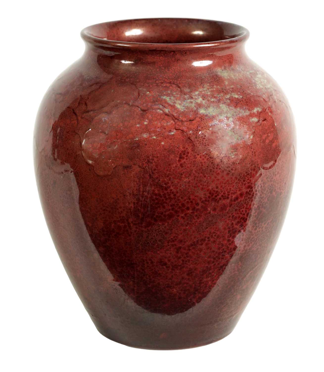 Lot 95 - A 1920's/30's MOORCROFT HIGH-FIRED MOTTLED SHADED DEEP PURPLE LUSTROUS SHOULDERED TAPERING VASE