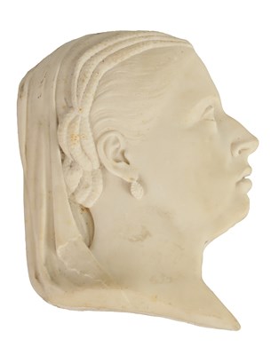 Lot 512 - A 19TH CENTURY SILHOUETTE WHITE MARBLE BUST OF A YOUNG LADY POSSIBLY QUEEN VICTORIA