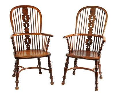 Lot 1007 - A LARGE MATCHED PAIR OF 19TH CENTURY YEW WOOD HIGH-BACK WINDSOR CHAIRS