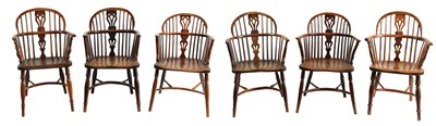 Lot 952 - A MATCHED SET OF SIX 19TH CENTURY YEW-WOOD LOW BACK WINDSOR CHAIRS