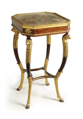 Lot 928 - A STYLISH REGENCY GILTWOOD AND ROSEWOOD WORK TABLE