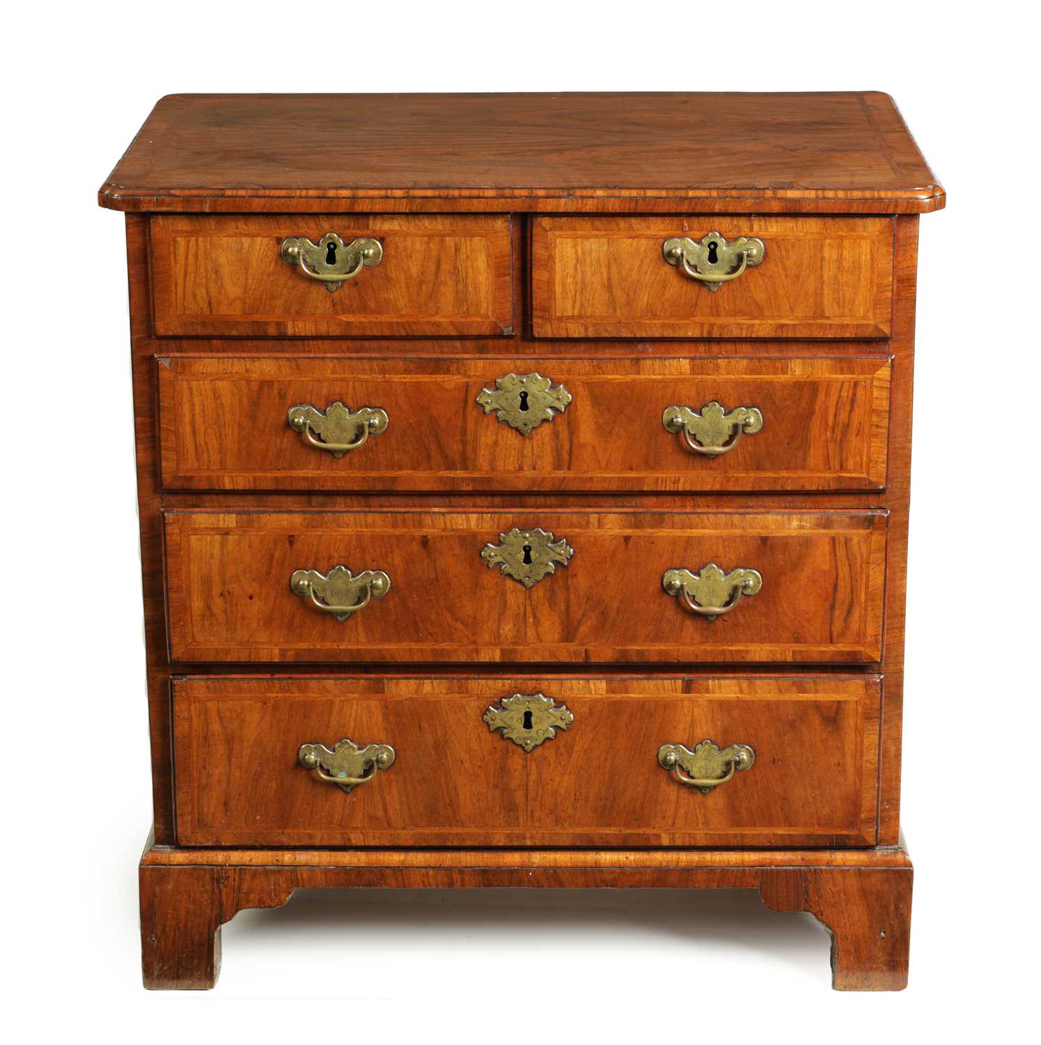 Lot 917 - AN EARLY 18TH CENTURY FIGURED WALNUT CHEST OF DRAWERS OF SMALL SIZE