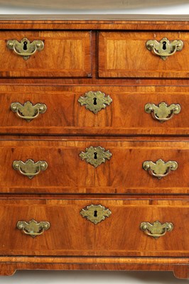 Lot 917 - AN EARLY 18TH CENTURY FIGURED WALNUT CHEST OF DRAWERS OF SMALL SIZE