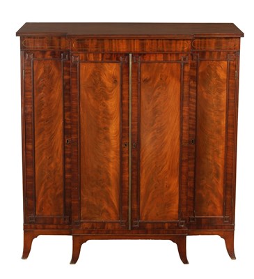 Lot 903 - A GOOD REGENCY FLAME MAHOGANY AND BRASS INLAID BREAKFRONT BOOKCASE