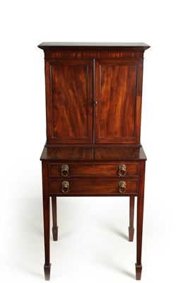 Lot 901 - A GEORGE III FIGURED MAHOGANY ESTATE CABINET OF GOOD COLOUR AND PATINA