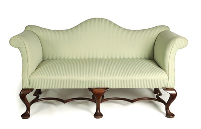 Lot 944 - A 19TH CENTURY GEORGIAN STYLE CAMEL BACK THREE SEATER UPHOLSTERED SETTEE