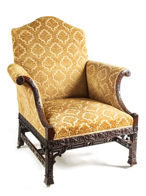 Lot 992 - A 19TH CENTURY CHIPPENDALE STYLE UPHOLSTERED ARMCHAIR OF LARGE SIZE