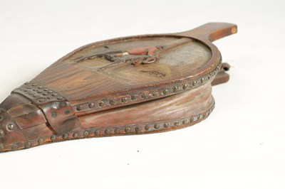 Lot 614 - A PAIR OF MID 19TH CENTURY CARVED ELM FIRE BELLOWS