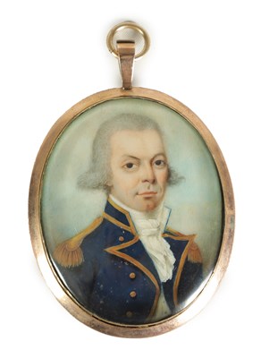 Lot 655 - A GEORGE III OVAL MINIATURE BUST PORTRAIT ON IVORY OF A YOUNG GENTLEMAN