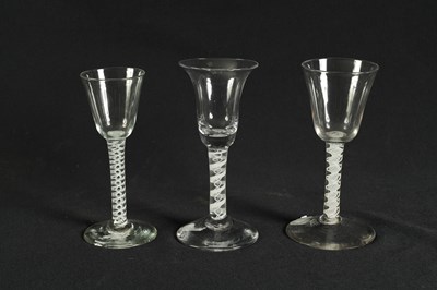 Lot 7 - COLLECTION OF THREE 18TH CENTURY AND LATER OPAQUE TWIST WINE GLASSES