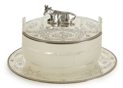 Lot 317 - A VICTORIAN SILVER AND FROSTED GLASS BUTTER DISH, COVER AND STAND OF LARGE SIZE