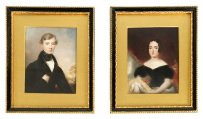 Lot 749 - A PAIR OF 19TH CENTURY HALF LENGTH PORTRAITS ON IVORY