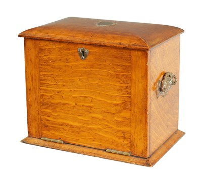 Lot 904 - A LATE 19TH CENTURY OAK FALL FRONT FITTED STATIONARY BOX