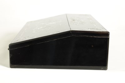 Lot 907 - A GOOD EARLY VICTORIAN EBONISED, BRASS AND MOTHER-OF-PEARL INLAID SLOPE FRONT WRITING BOX