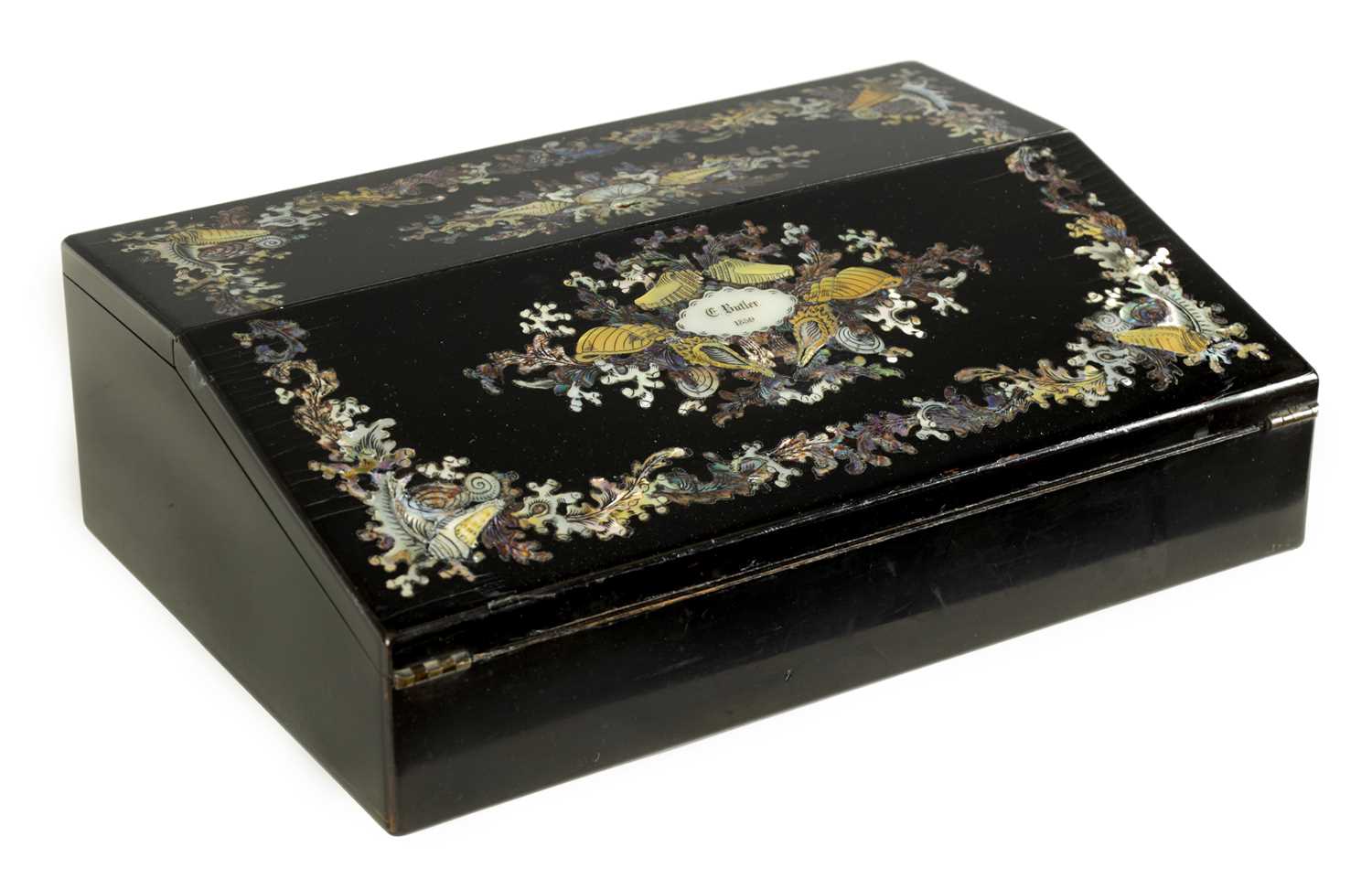 Lot 880 - A GOOD 19TH CENTURY EBONISED, MOTHER-OF-PEARL AND ABALONE INLAID FALL FRONT WRITING SLOPE