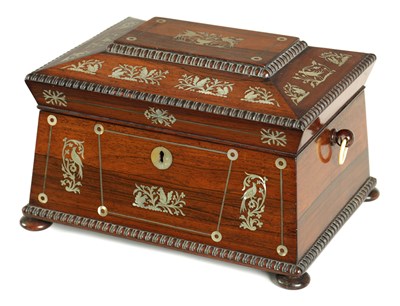 Lot 897 - A LATE REGENCY ROSEWOOD AND MOTHER-OF-PEARL PANELLED INLAID SARCOPHAGUS SEWING BOX