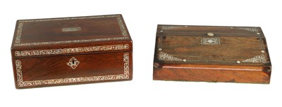 Lot 895 - TWO MID 19TH CENTURY ROSEWOOD AND MOTHER-OF-PEARL INLAID WRITING BOXES