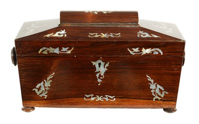 Lot 885 - A 19TH CENTURY ROSEWOOD AND MOTHER-OF-PEARL INLAID TEA CADDY