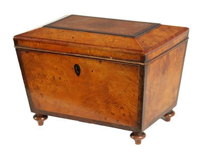 Lot 878 - A 19TH CENTURY BUR ELM AND AMBOYNA TEA CADDY