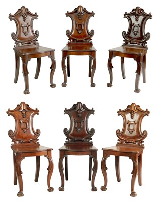 Lot 905 - A RARE SET OF SIX COUNTRY HOUSE MAHOGANY HALL CHAIRS