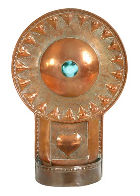 Lot 561 - AN ARTS AND CRAFTS COPPER AND RUSKIN TYPE CABOCHON ENAMEL HANGING WALL LIGHT