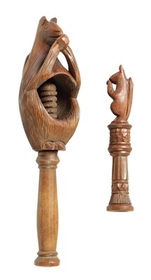 Lot 888 - A 19TH CENTURY CARVED TREEN NUTCRACKER AND NEEDLE HOLDER