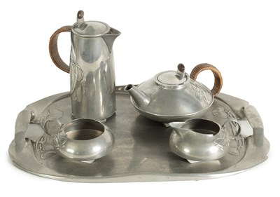 Lot 569 - AN EARLY 20TH CENTURY ARCHIBALD KNOX FOR LIBERTY AND CO. TUDRIC PEWTER TEA SET