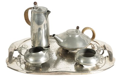 Lot 573 - AN EARLY 20TH CENTURY ARCHIBALD KNOX FOR LIBERTY AND CO. TUDRIC PEWTER TEA SET