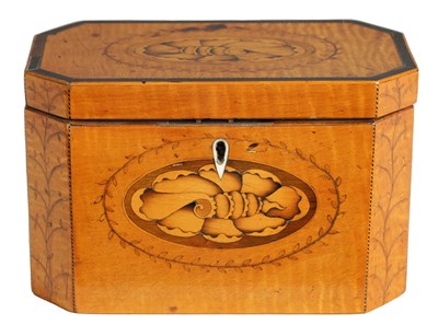 Lot 920 - A GEORGE III SATINWOOD CLIPPED RECTANGULAR TEA CADDY