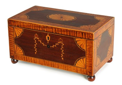 Lot 902 - A GEORGE III SHELL INLAID AND FIGURED SATINWOOD CROSS BANDED MAHOGANY TEA CADDY