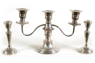 Lot 299 - GEORGE V SILVER TWO BRANCH CANDELABRA WITH FILLED BASE