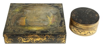 Lot 912 - 19TH CENTURY BLACK LACQUER WORK FITTED BOX WITH PAINTED PEACOCK AND LANDSCAPE PANEL TO THE LID