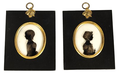 Lot 666 - ATT. WILLIAM HALET THE YOUNGER A PAIR OF EARLY 19TH CENTURY OVAL SILHOUETTES REVERSE PAINTED ON GLASS