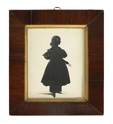 Lot 712 - HUBARD GALLERY - MIDNIGHT 19TH CENTURY FULL LENGTH SILHOUETTE DRAWING ON CARD OF A YOUNG LADY IN A DEXTER POSE HIGHLIGHTED IN GILT WASH